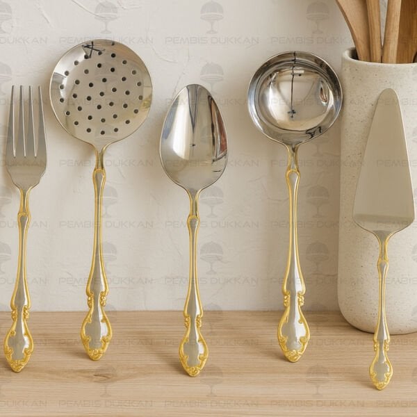 NEHİR ADRİANA ALTIN 5 PARÇA PASLANMAZ ÇELİK, KEPÇE KAŞIK KEVGİR SERVİS TAKIMI