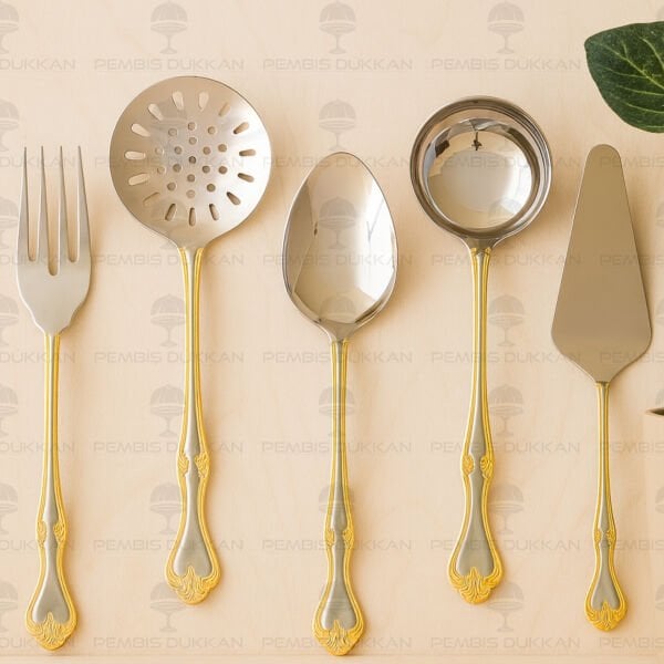 NEHİR LALEZAR ALTIN 5 PARÇA PASLANMAZ ÇELİK, KEPÇE KAŞIK KEVGİR SERVİS TAKIMI