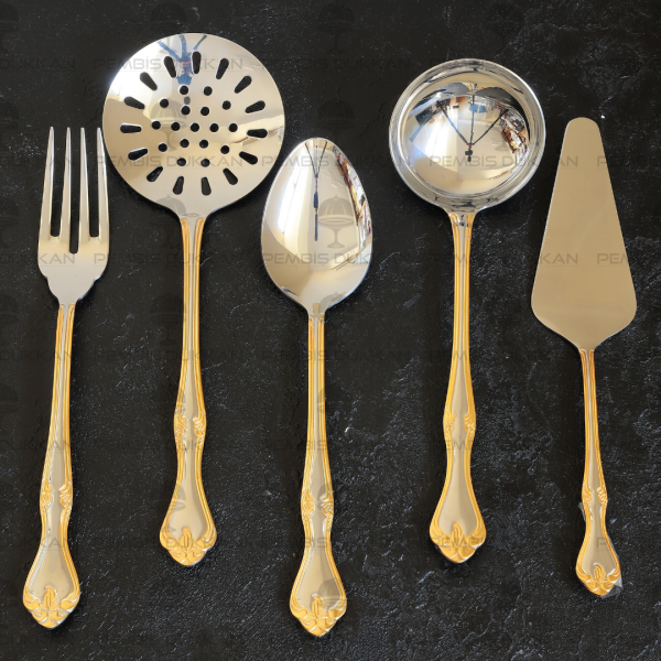 NEHİR LALEZAR ALTIN 5 PARÇA PASLANMAZ ÇELİK, KEPÇE KAŞIK KEVGİR SERVİS TAKIMI