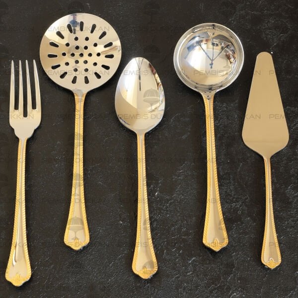 NEHİR FULYA ALTIN 5 PARÇA PASLANMAZ ÇELİK, KEPÇE KAŞIK KEVGİR SERVİS TAKIMI