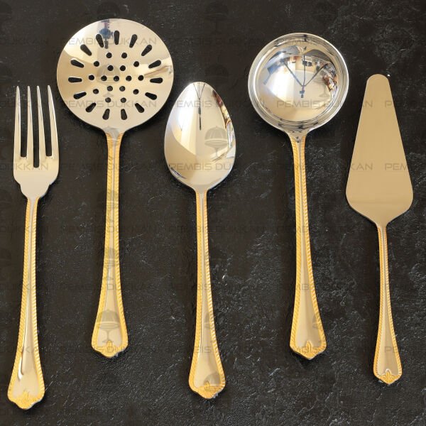 NEHİR FULYA ALTIN 5 PARÇA PASLANMAZ ÇELİK, KEPÇE KAŞIK KEVGİR SERVİS TAKIMI