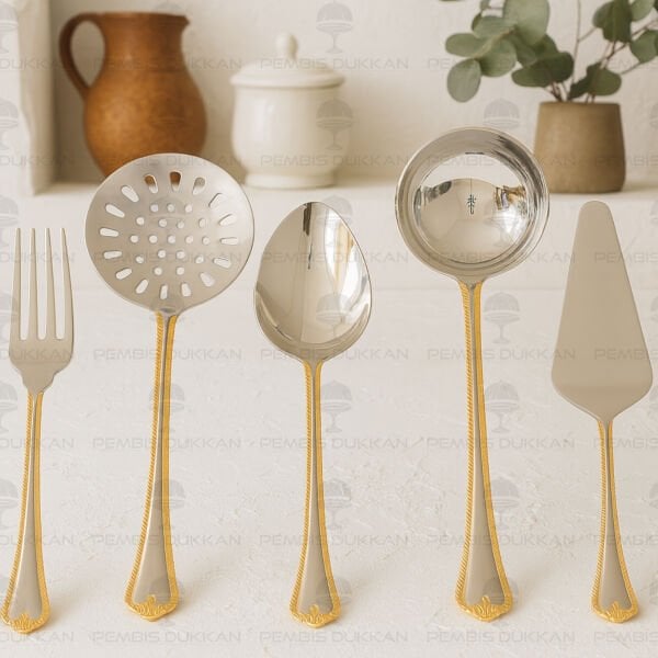 NEHİR FULYA ALTIN 5 PARÇA PASLANMAZ ÇELİK, KEPÇE KAŞIK KEVGİR SERVİS TAKIMI