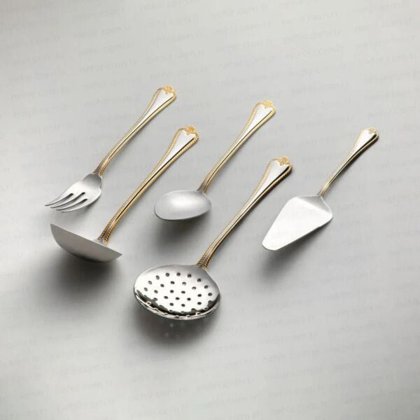 NEHİR FULYA ALTIN 5 PARÇA PASLANMAZ ÇELİK, KEPÇE KAŞIK KEVGİR SERVİS TAKIMI