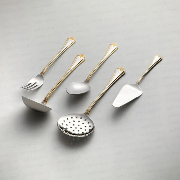 NEHİR FULYA ALTIN 5 PARÇA PASLANMAZ ÇELİK, KEPÇE KAŞIK KEVGİR SERVİS TAKIMI