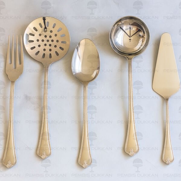 NEHİR FULYA SADE 5 PARÇA PASLANMAZ ÇELİK, KEPÇE KAŞIK KEVGİR SERVİS TAKIMI