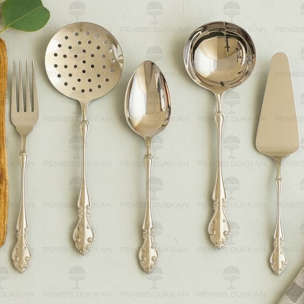 NEHİR ADRİANA SADE 5 PARÇA PASLANMAZ ÇELİK, KEPÇE KAŞIK KEVGİR SERVİS TAKIMI