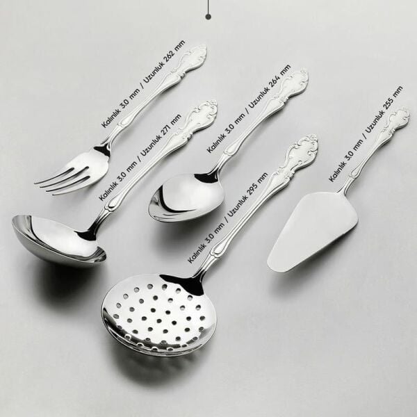 NEHİR ADRİANA SADE 5 PARÇA PASLANMAZ ÇELİK, KEPÇE KAŞIK KEVGİR SERVİS TAKIMI