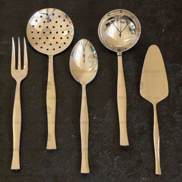 NEHİR ZARİF SADE 5 PARÇA PASLANMAZ ÇELİK, KEPÇE KAŞIK KEVGİR SERVİS TAKIMI