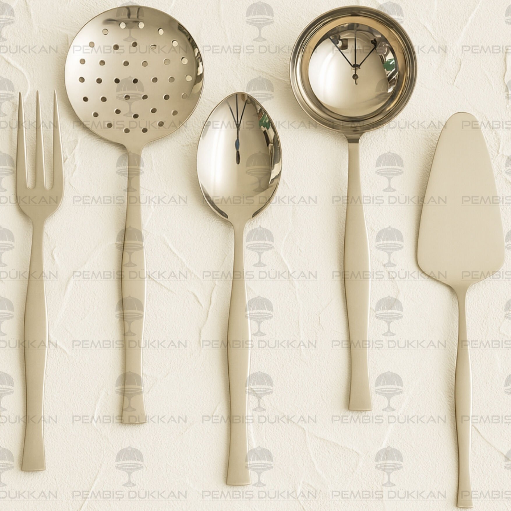 NEHİR ZARİF SADE 5 PARÇA PASLANMAZ ÇELİK, KEPÇE KAŞIK KEVGİR SERVİS TAKIMI