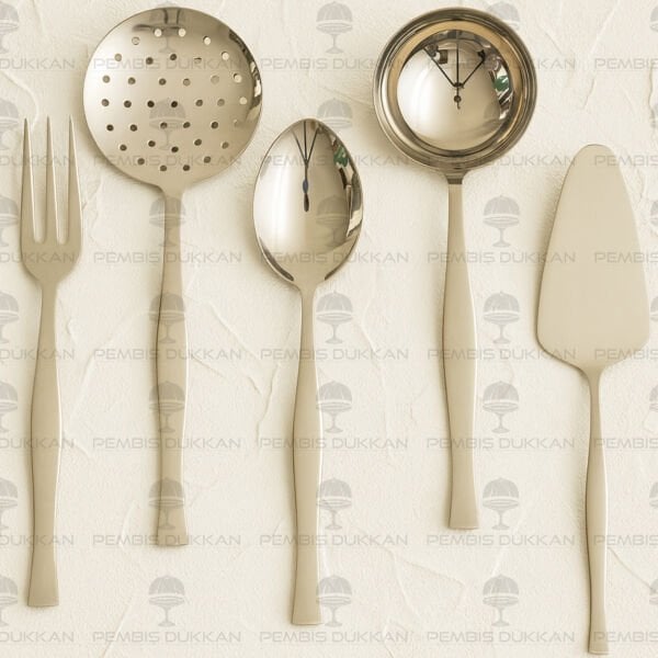 NEHİR ZARİF SADE 5 PARÇA PASLANMAZ ÇELİK, KEPÇE KAŞIK KEVGİR SERVİS TAKIMI
