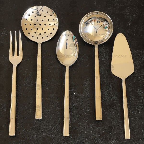 NEHİR DALYAN SADE  5 PARÇA PASLANMAZ ÇELİK, KEPÇE KAŞIK KEVGİR SERVİS TAKIMI