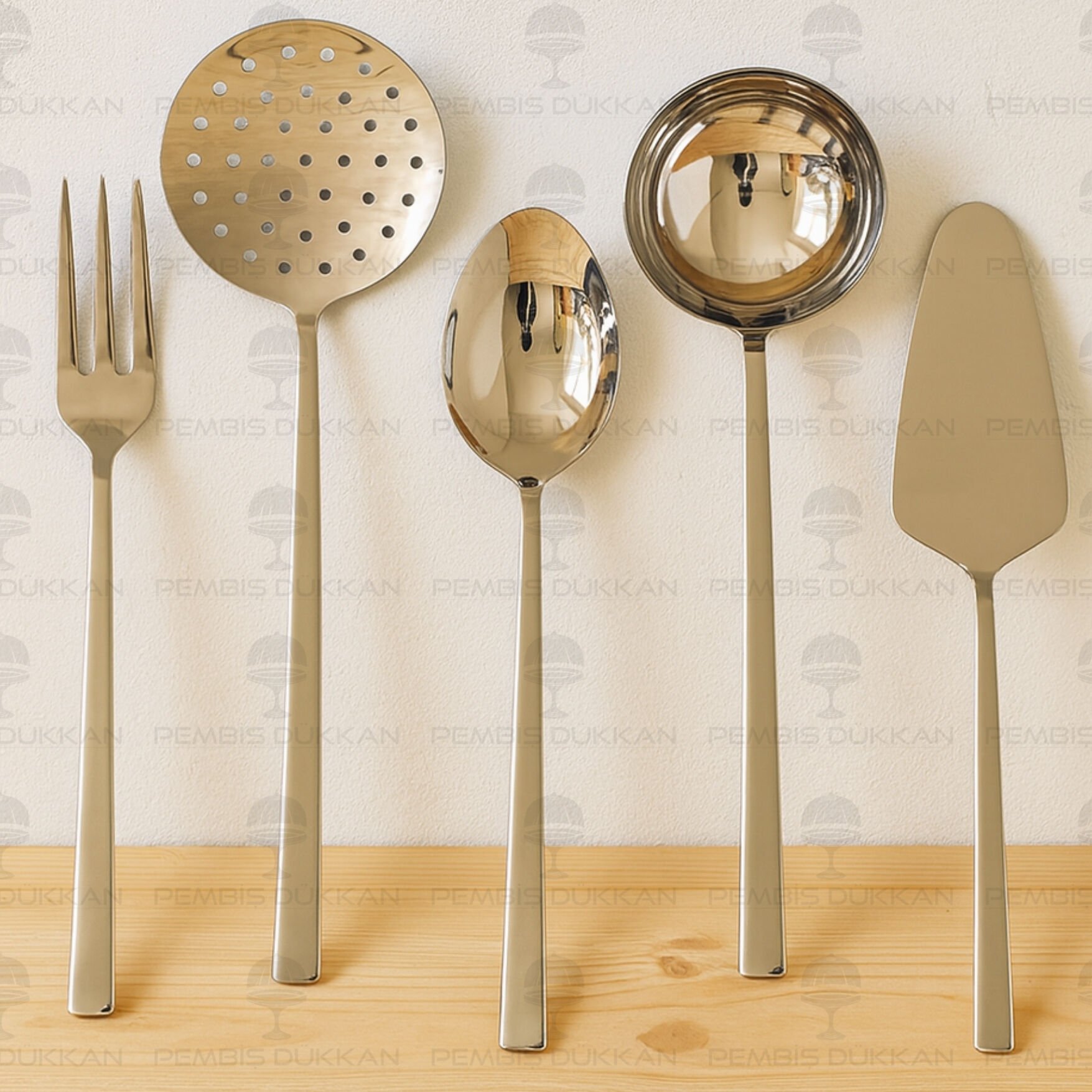 NEHİR DALYAN SADE  5 PARÇA PASLANMAZ ÇELİK, KEPÇE KAŞIK KEVGİR SERVİS TAKIMI