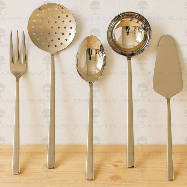 NEHİR DALYAN SADE  5 PARÇA PASLANMAZ ÇELİK, KEPÇE KAŞIK KEVGİR SERVİS TAKIMI