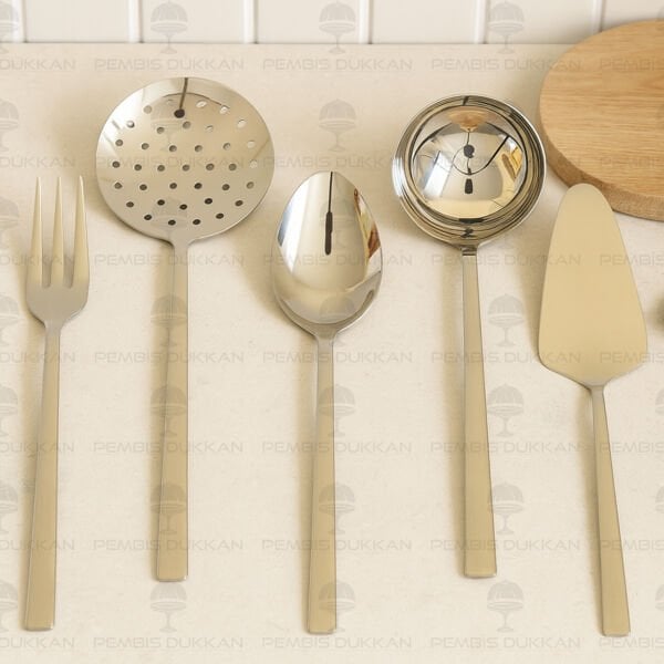 NEHİR SOFİA SADE 5 PARÇA PASLANMAZ ÇELİK, KEPÇE KAŞIK KEVGİR SERVİS TAKIMI