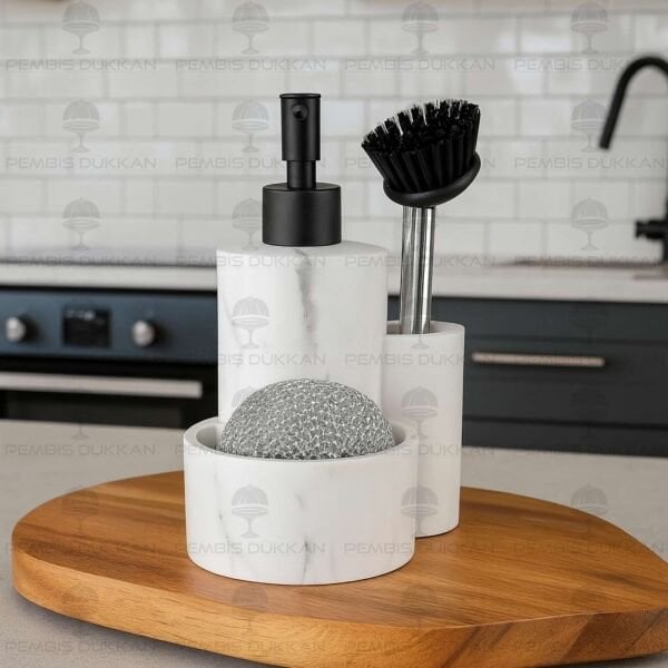 BEYAZ PİNGU POLYRESİN SÜNGERLİK HAZNELİ, FIRÇALI  SABUNLUK(56816)