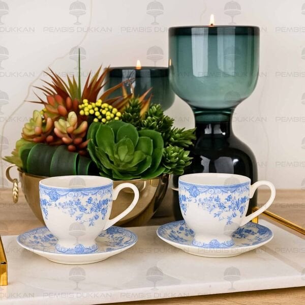 MAVİ VİNTAGE 2 KİŞİLİK ROMANTİK FİNCAN TAKIMI