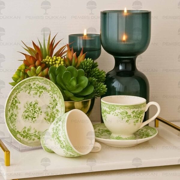 YEŞİL VİNTAGE 2 KİŞİLİK ROMANTİK FİNCAN TAKIMI