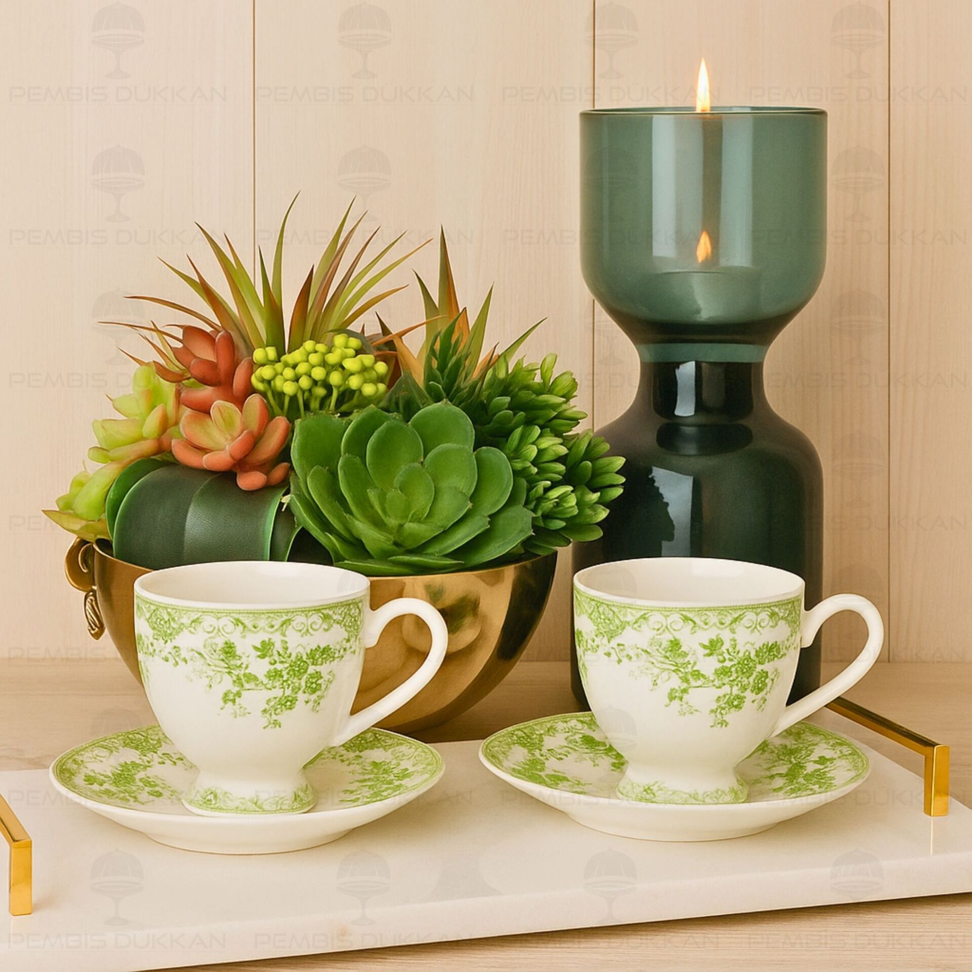 YEŞİL VİNTAGE 2 KİŞİLİK ROMANTİK FİNCAN TAKIMI