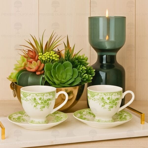 YEŞİL VİNTAGE 2 KİŞİLİK ROMANTİK FİNCAN TAKIMI