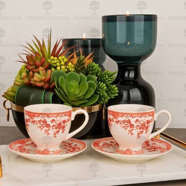 KIRMIZI VİNTAGE 2 KİŞİLİK ROMANTİK FİNCAN TAKIMI