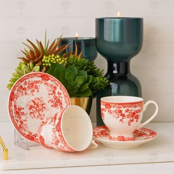 KIRMIZI VİNTAGE 2 KİŞİLİK ROMANTİK FİNCAN TAKIMI