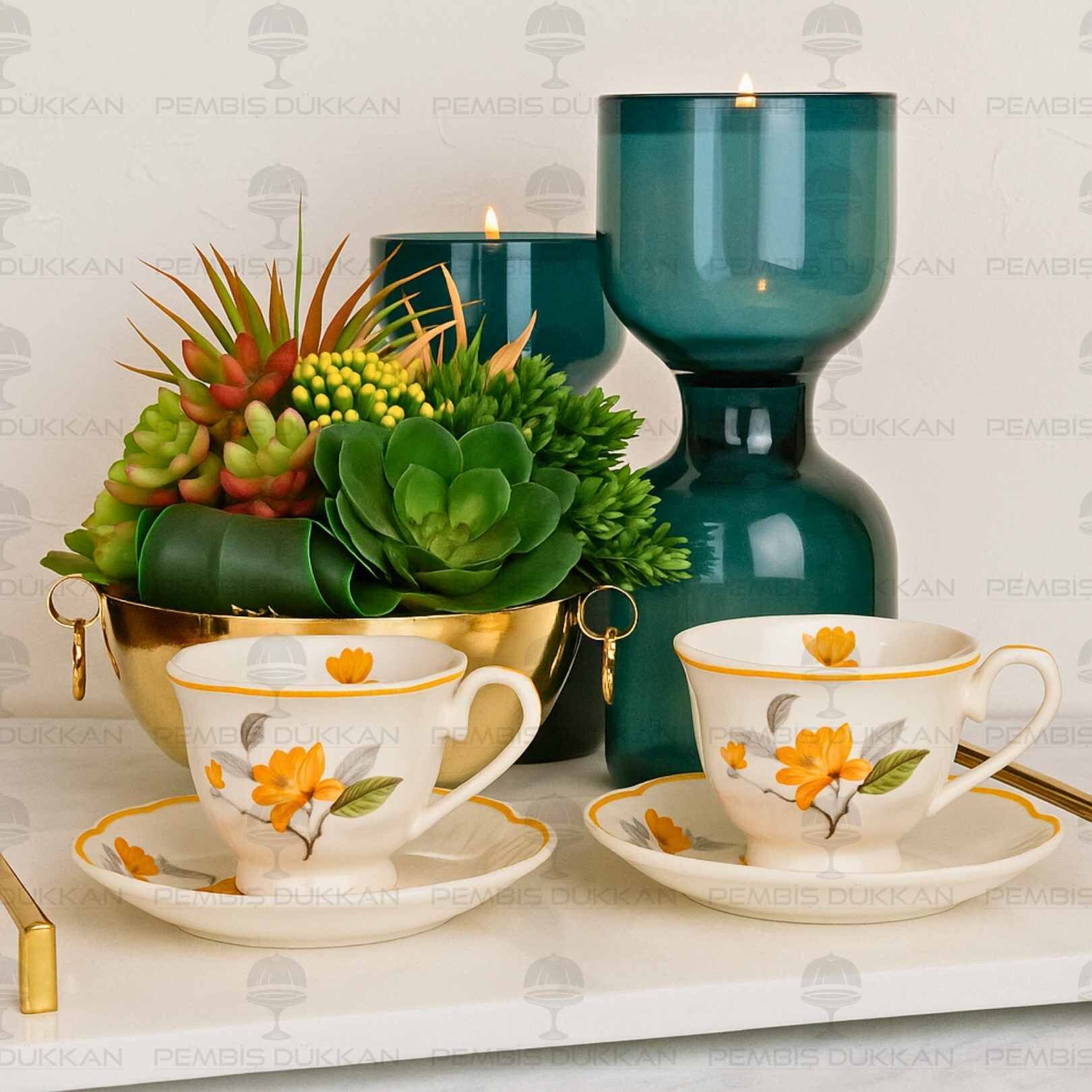 TURUNCU ÇİÇEKLİ 2 KİŞİLİK BAHAR FİNCAN TAKIMI