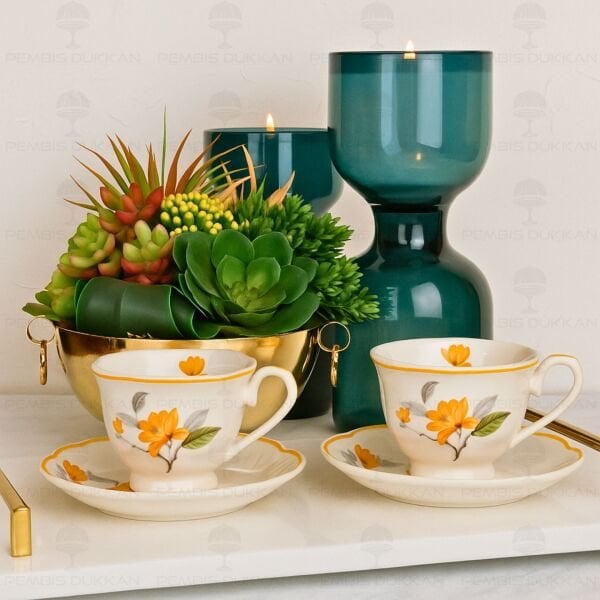 TURUNCU ÇİÇEKLİ 2 KİŞİLİK BAHAR FİNCAN TAKIMI