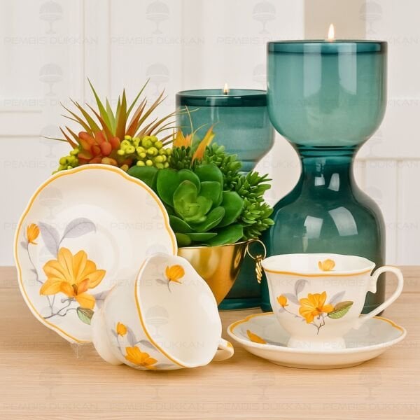 TURUNCU ÇİÇEKLİ 2 KİŞİLİK BAHAR FİNCAN TAKIMI