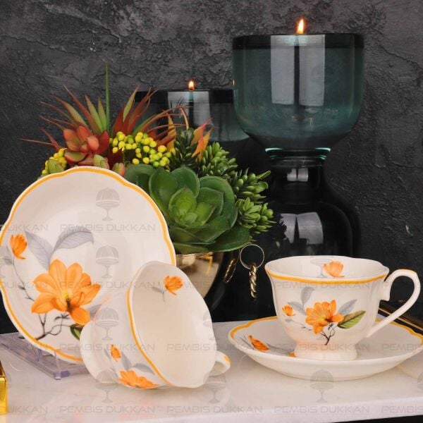 TURUNCU ÇİÇEKLİ 2 KİŞİLİK BAHAR FİNCAN TAKIMI