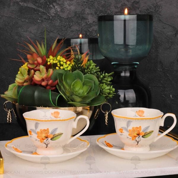 TURUNCU ÇİÇEKLİ 2 KİŞİLİK BAHAR FİNCAN TAKIMI