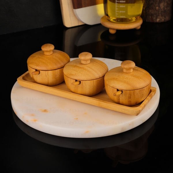 3LÜ BAMBU STANDLI, KAŞIKLI BAHARATLIK & REÇELLİK SET (7B100)