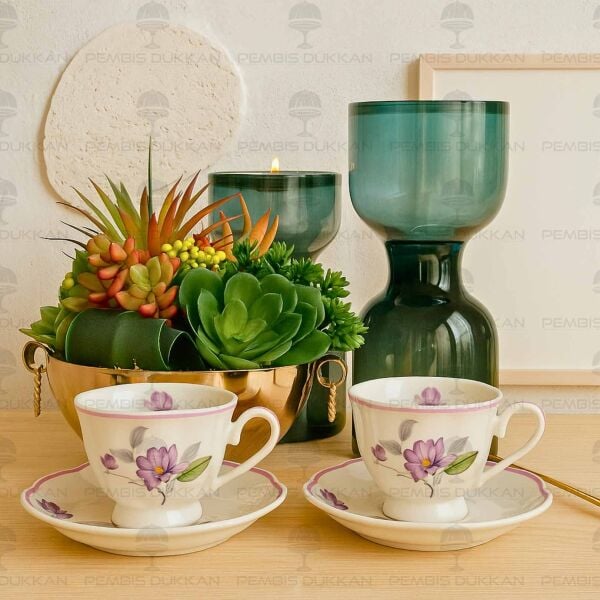 MOR ÇİÇEKLİ 2 KİŞİLİK BAHAR FİNCAN TAKIMI