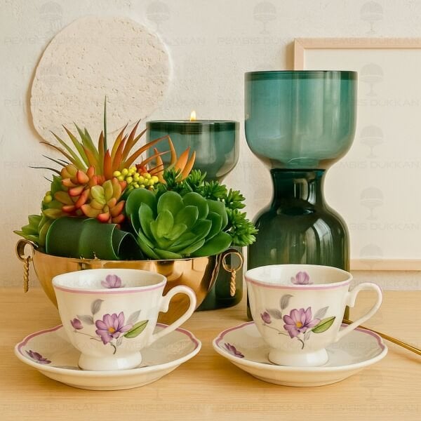 MOR ÇİÇEKLİ 2 KİŞİLİK BAHAR FİNCAN TAKIMI