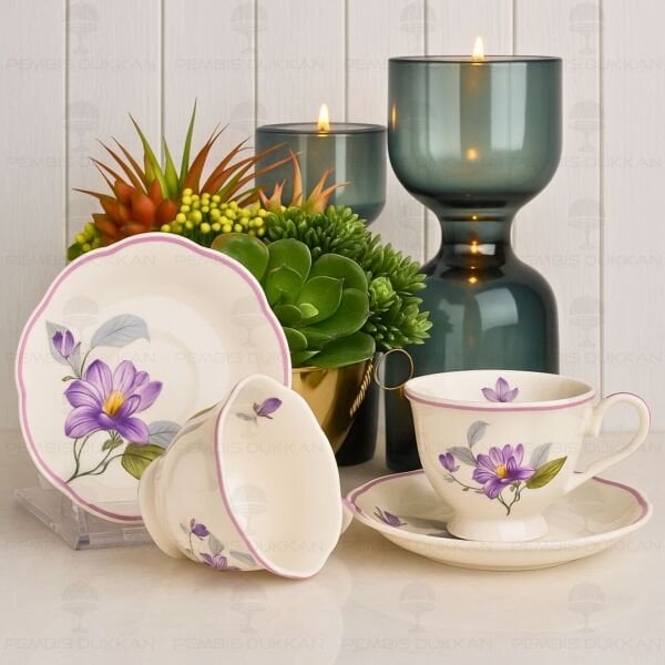 MOR ÇİÇEKLİ 2 KİŞİLİK BAHAR FİNCAN TAKIMI