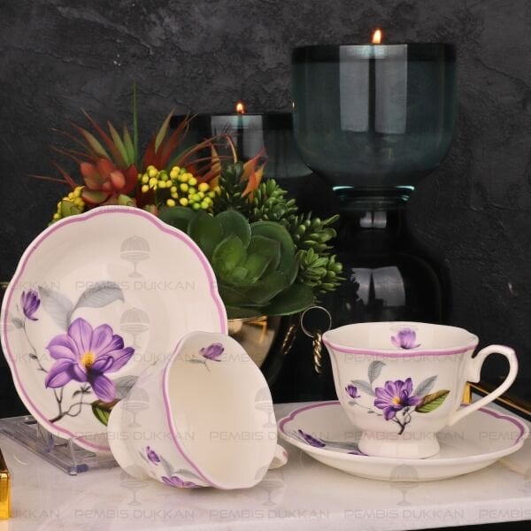 MOR ÇİÇEKLİ 2 KİŞİLİK BAHAR FİNCAN TAKIMI
