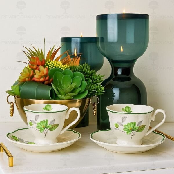 YEŞİL ÇİÇEKLİ 2 KİŞİLİK BAHAR FİNCAN TAKIMI