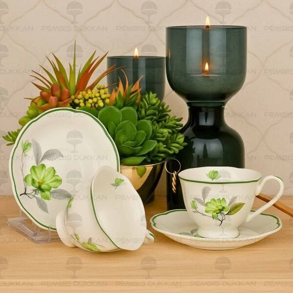 YEŞİL ÇİÇEKLİ 2 KİŞİLİK BAHAR FİNCAN TAKIMI