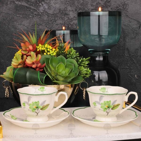 YEŞİL ÇİÇEKLİ 2 KİŞİLİK BAHAR FİNCAN TAKIMI