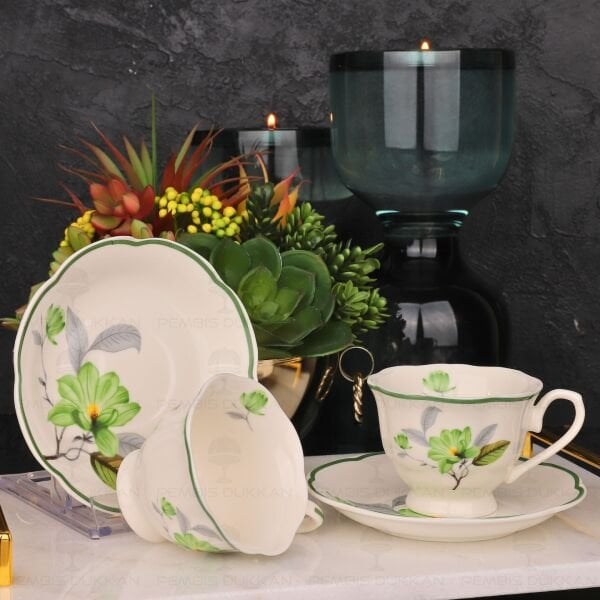 YEŞİL ÇİÇEKLİ 2 KİŞİLİK BAHAR FİNCAN TAKIMI