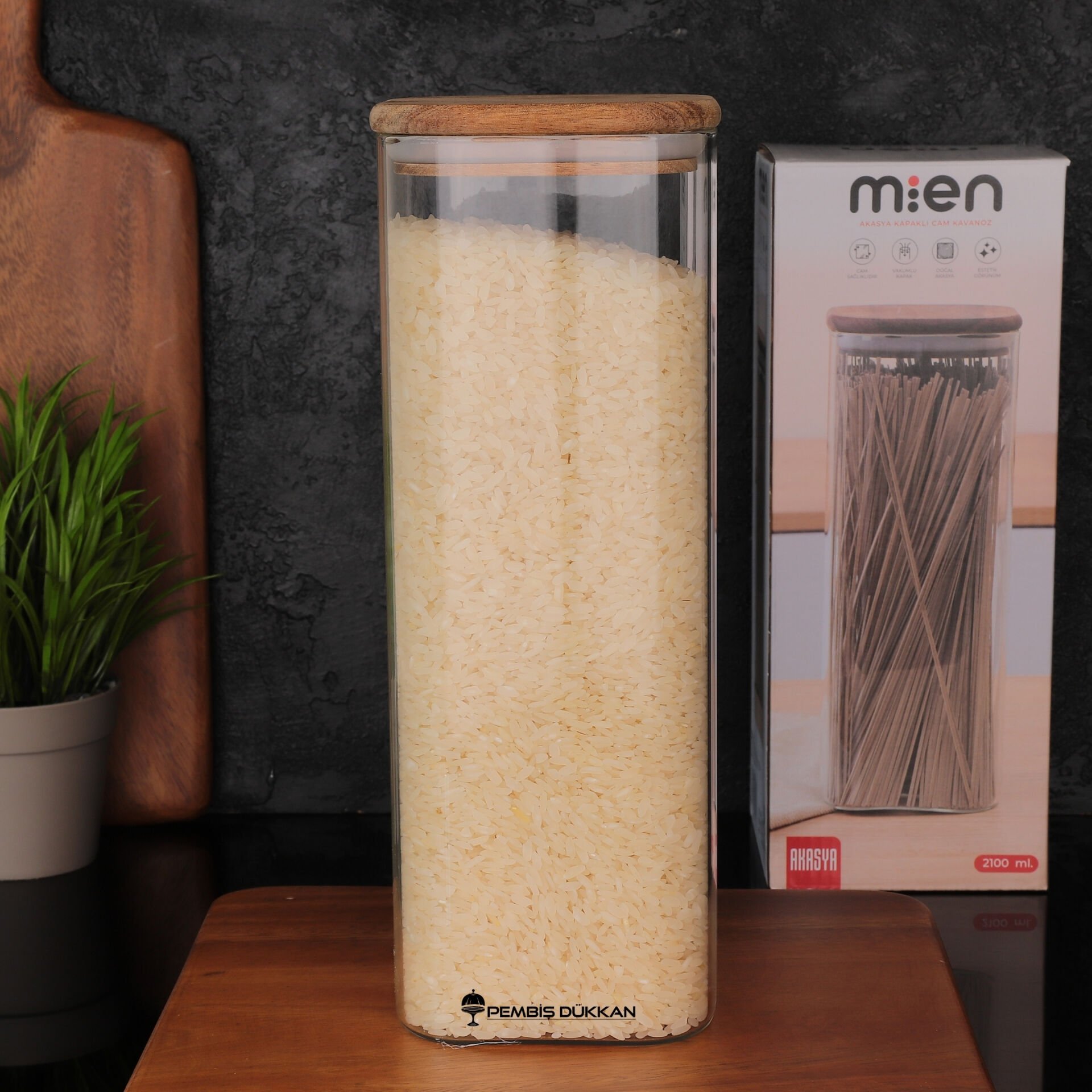 1  ADET KARE AKASYA KAPAKLI KAVANOZ 2100 ML (BOR-058)