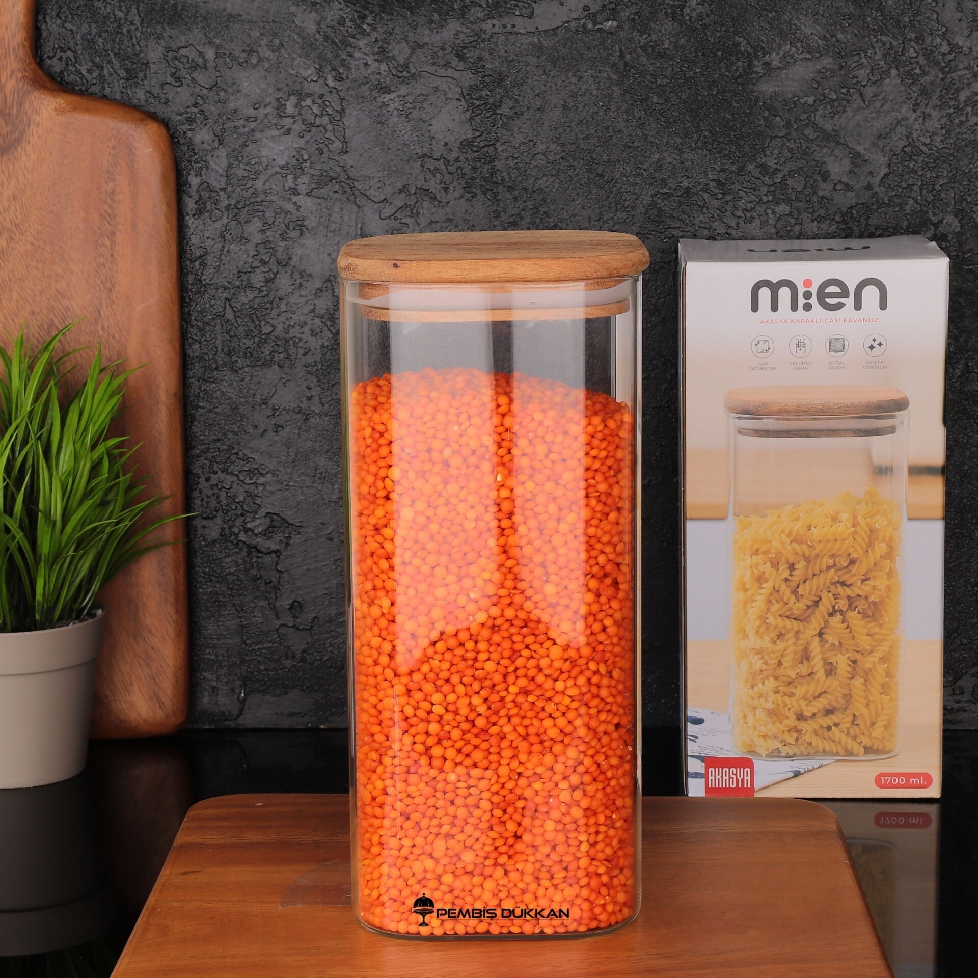 1  ADET KARE AKASYA KAPAKLI KAVANOZ 1700ML (BOR-057)