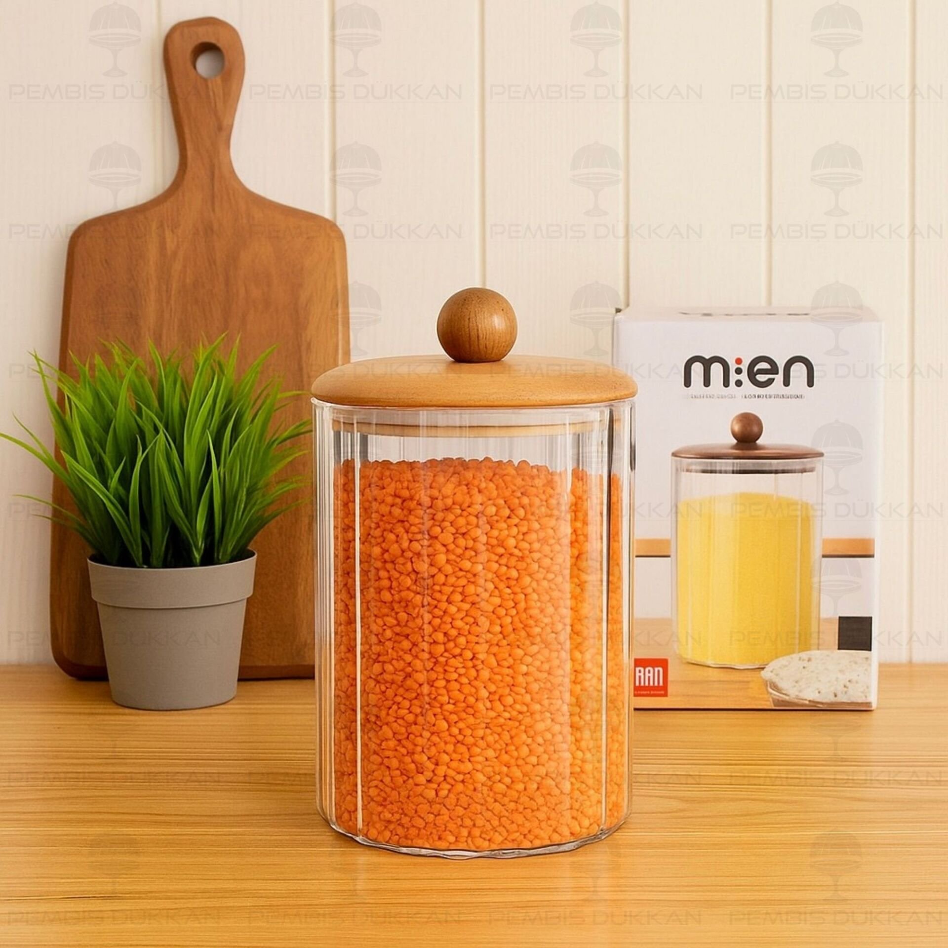 Cavo 1150ml Akasya Kapaklı, Top Uçlu Çizgili Kavanoz (Bor085)
