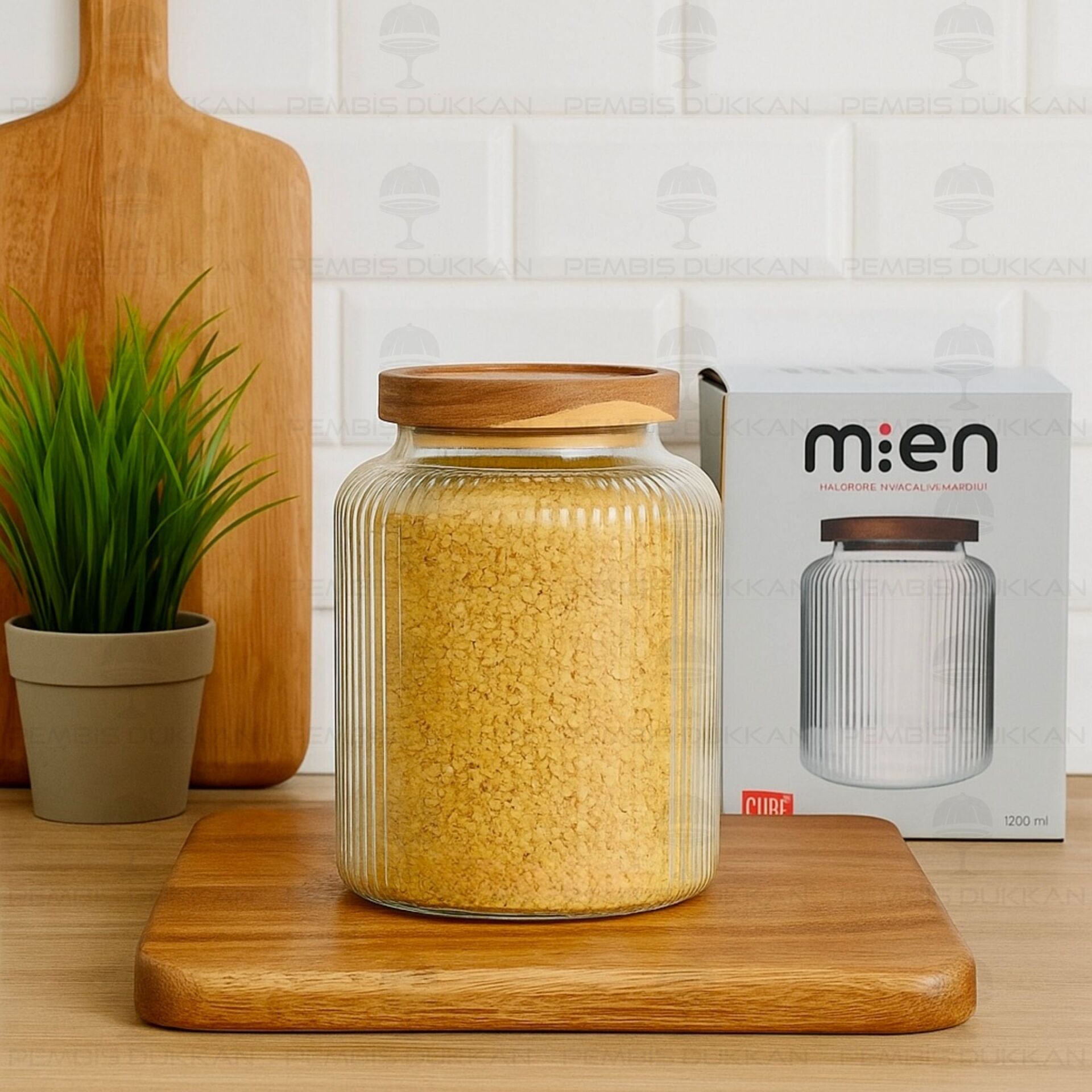 CURE 1200ML AKASYA KAPAKLI, SIK ÇİZGİLİ KAVANOZ (1S11)