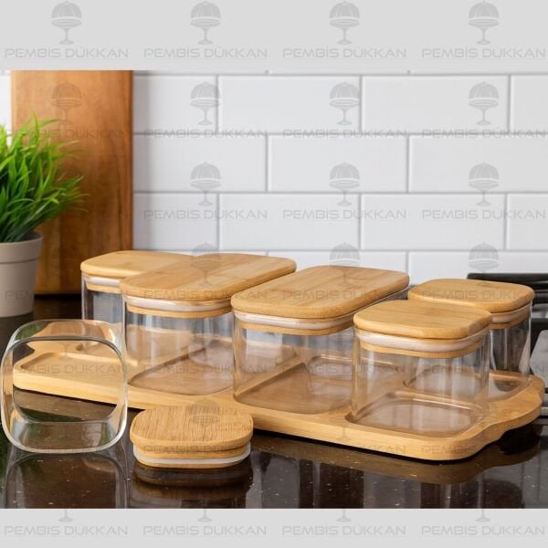 6LI BAMBU KAPAKLI, TEPSİLİ CAM KAHVALTILIK (BOR 045)