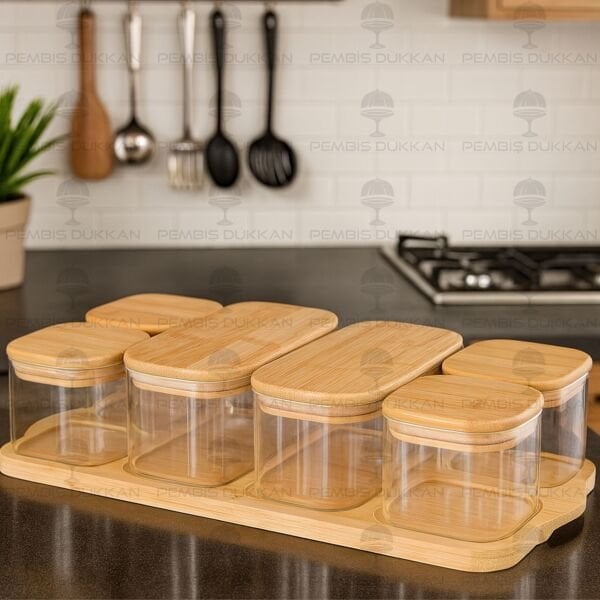 6LI BAMBU KAPAKLI, TEPSİLİ CAM KAHVALTILIK (BOR 045)