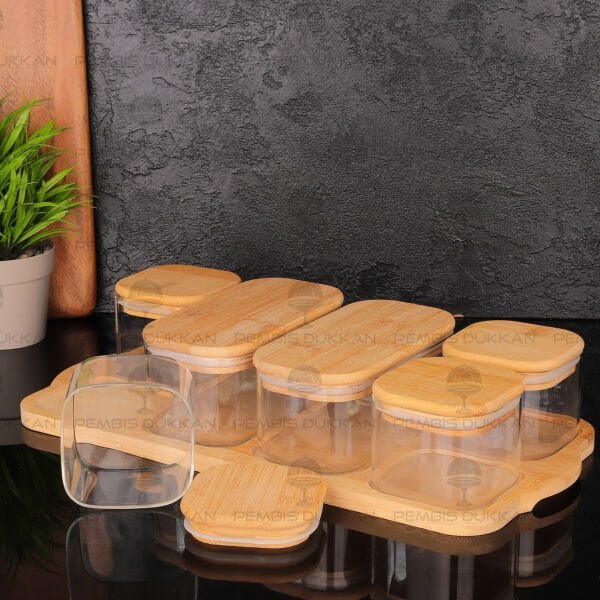 6LI BAMBU KAPAKLI, TEPSİLİ CAM KAHVALTILIK (BOR 045)