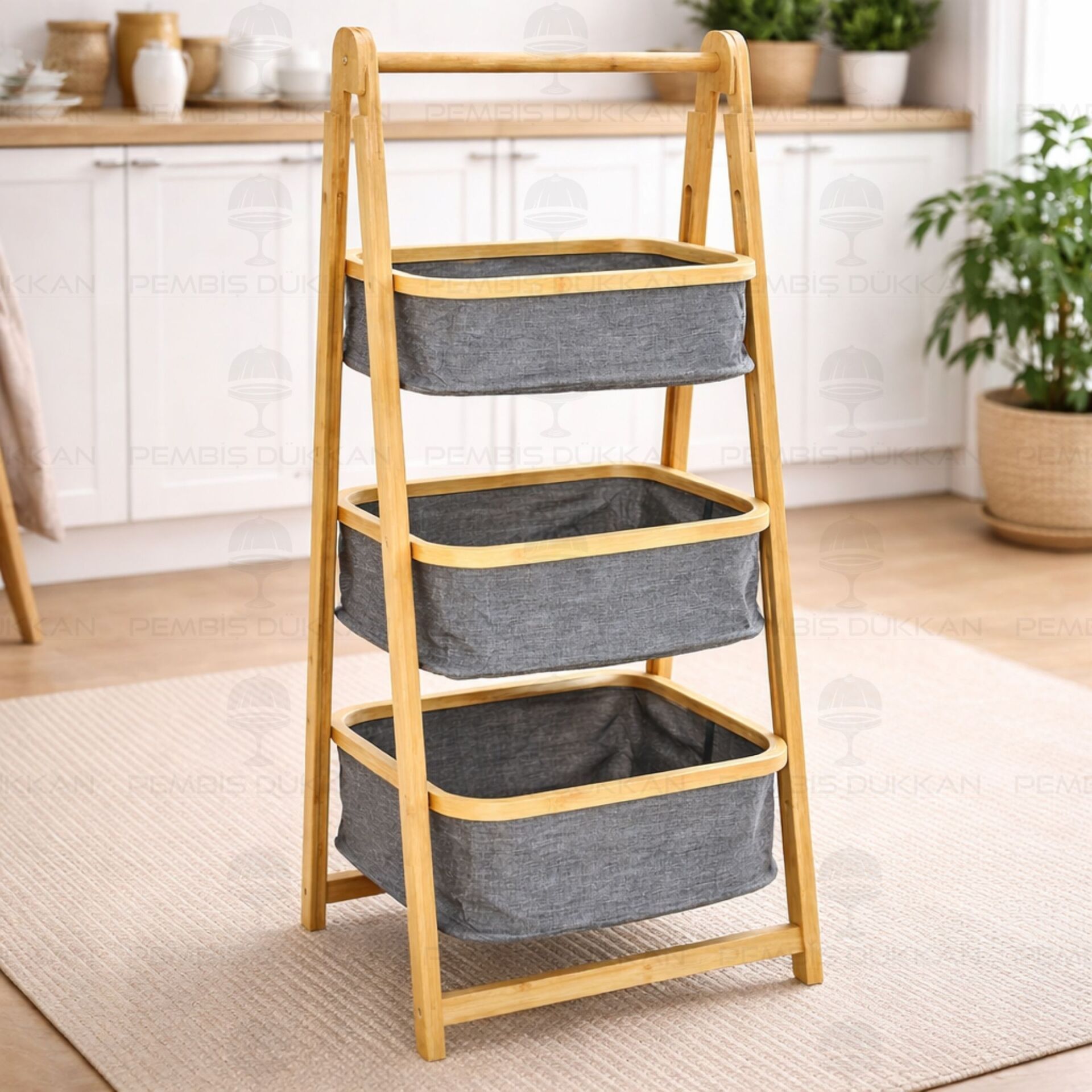 3 KATLI BAMBU GRİ SEPETLİ ORGANİZER (700764)