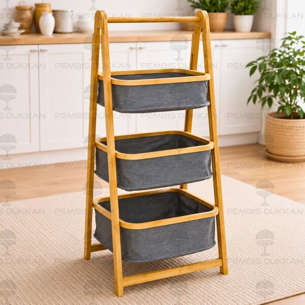 3 KATLI BAMBU GRİ SEPETLİ ORGANİZER (700764)