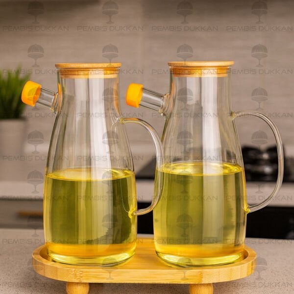 2'Lİ OVAL TOP AYAKLI ALTLIKLI (1094) THN BORASİLİKAT CAM MİLO YAĞDANLIK KOMBİN SET