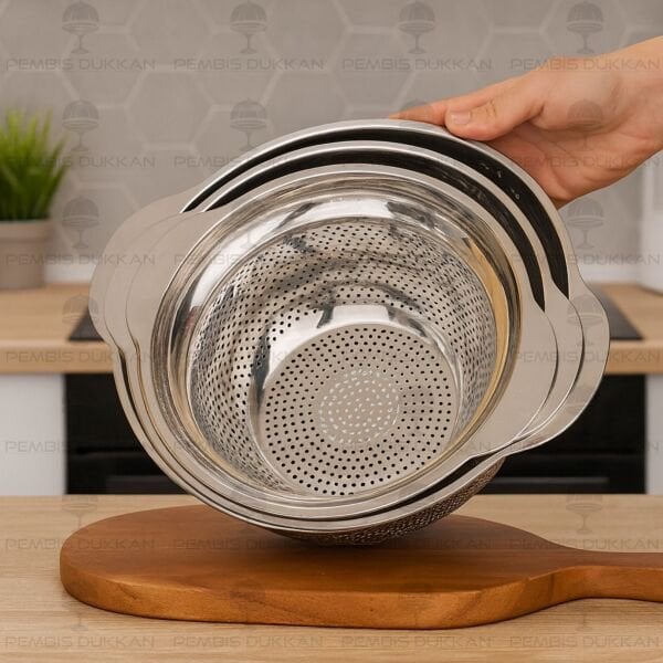 27CM OSLO YUVARLAK KULPLU, ÇELİK SÜZGEÇ (SZG192)